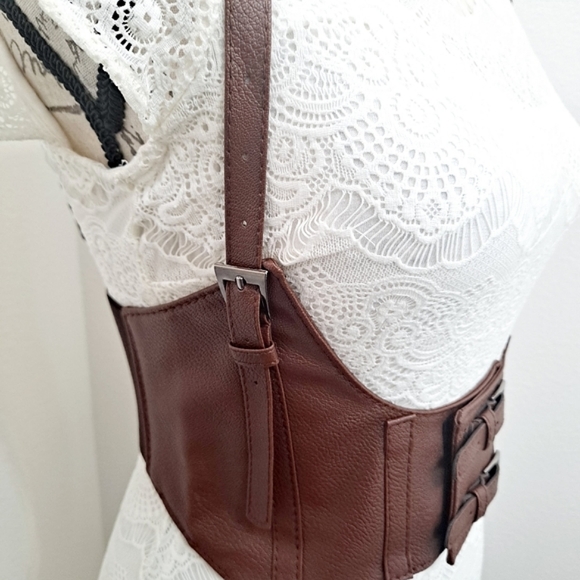 Brown wide waist belt faux leather corset harness buckle suspenders steampunk - Picture 15 of 16